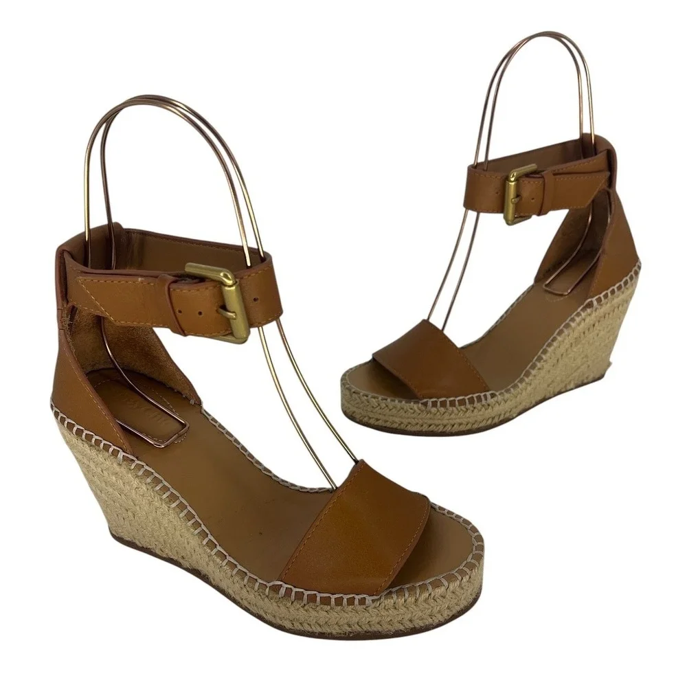 See by Chloe Glyn Leather Espadrille Wedge Sandals Brown Size 36